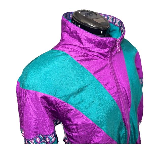 VTG 90s Lavon XL Track Suit Jacket Pants Windbreaker Retro Purple Teal Shiny Ski - Picture 5 of 16